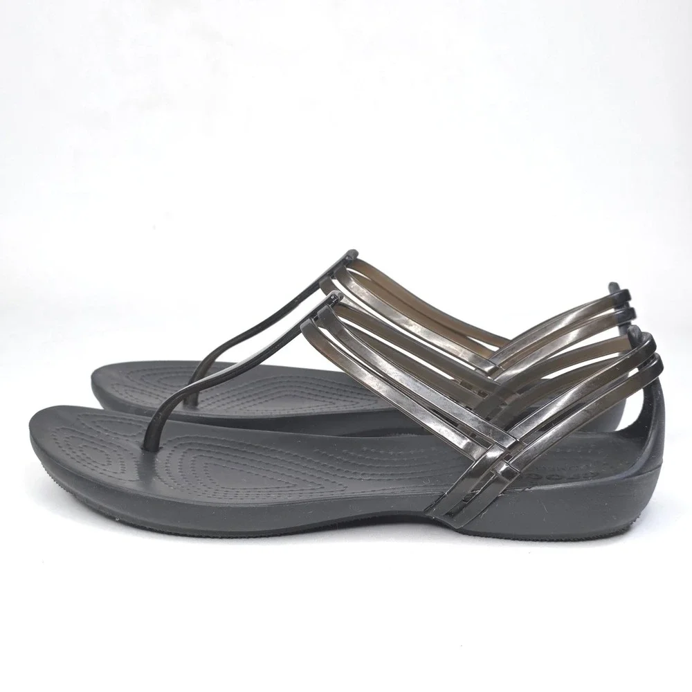 Crocs Isabella T-Strap Sandals Black Strappy Jelly Flat Slip On Shoes Women's 7